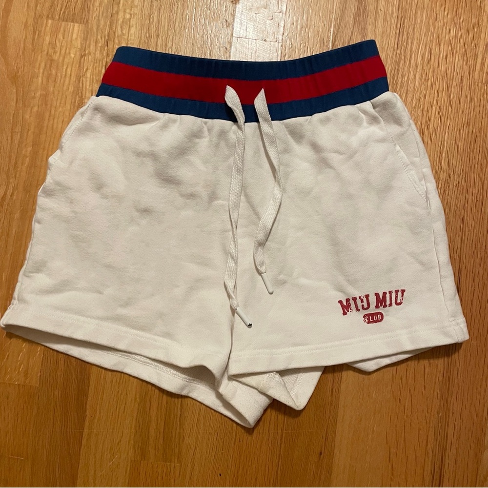 Miu Miu White Athletic Shorts with Blue and Red Waistband